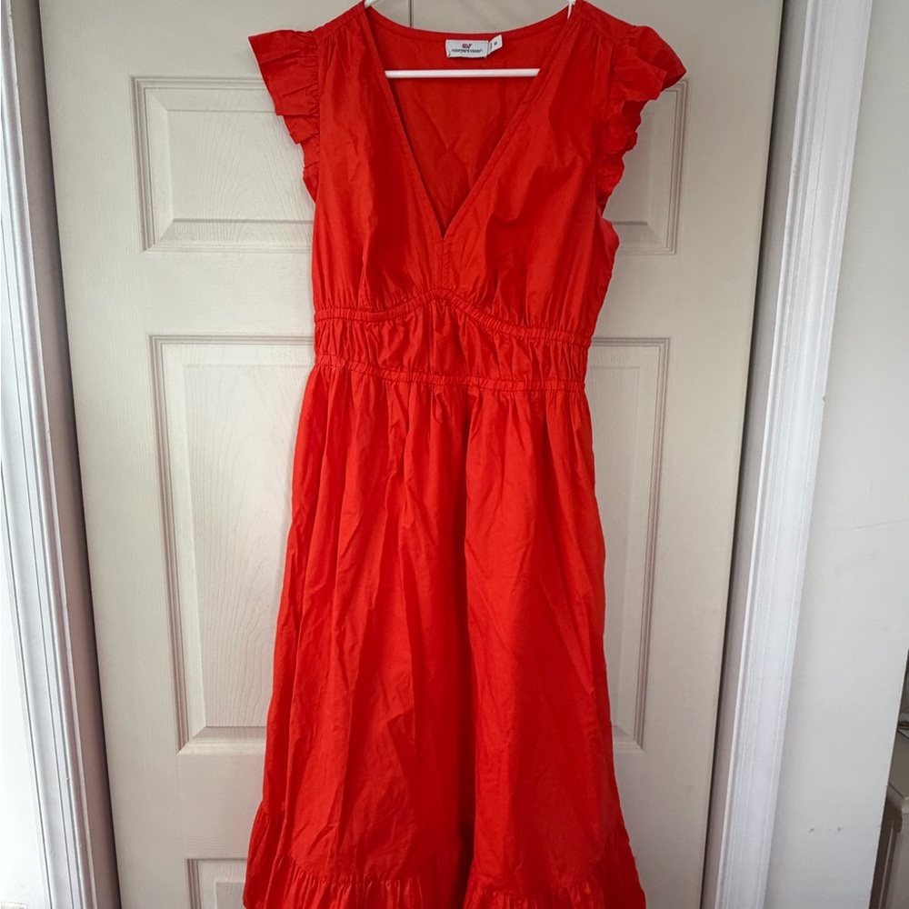 Vineyard Vines Orange V-Neck Ruffle Sleeve Midi Dress
